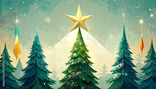 Christmas trees in a snowy mountain landscape