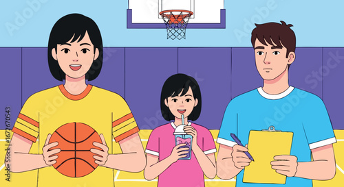 Basketball players coaching young girl drinking juice in gymnasium vector illustration 