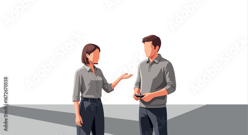 Business professionals discussing work in modern casual outfits vector illustration 