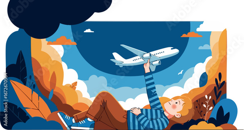 Child lying on ground holding toy airplane in blue orange nature landscape vector illustration 