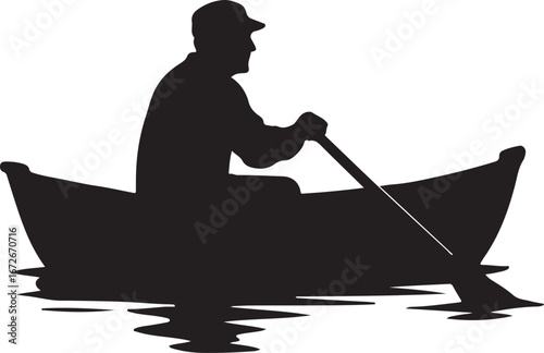 Silhouette of a man in a baseball cap paddling a canoe on water vector