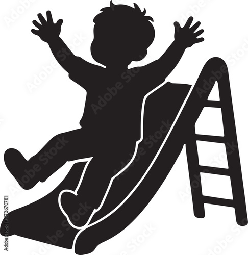 Black silhouette of a child sliding down a playground slide with arms raised playing