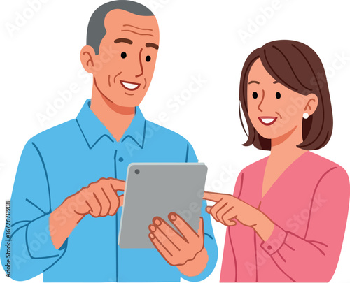Mature man and woman using digital tablet technology lifestyle activity vector illustration 