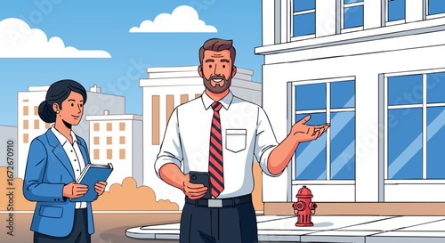 Businesspeople discussing project outside modern office building in urban setting vector illustration 