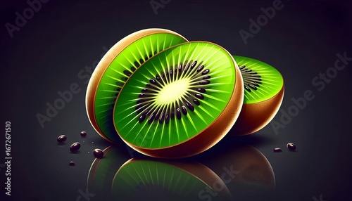 Vibrant sliced kiwi fruit with seeds on a dark reflective surface