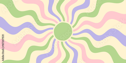 Groovy retro sun burst pastel background with a wavy circle and sunshine motif. Sun rays form soft wave shapes in a graphic y2k style horizontal image, ideal for vibrant, cool, trendy themes.
