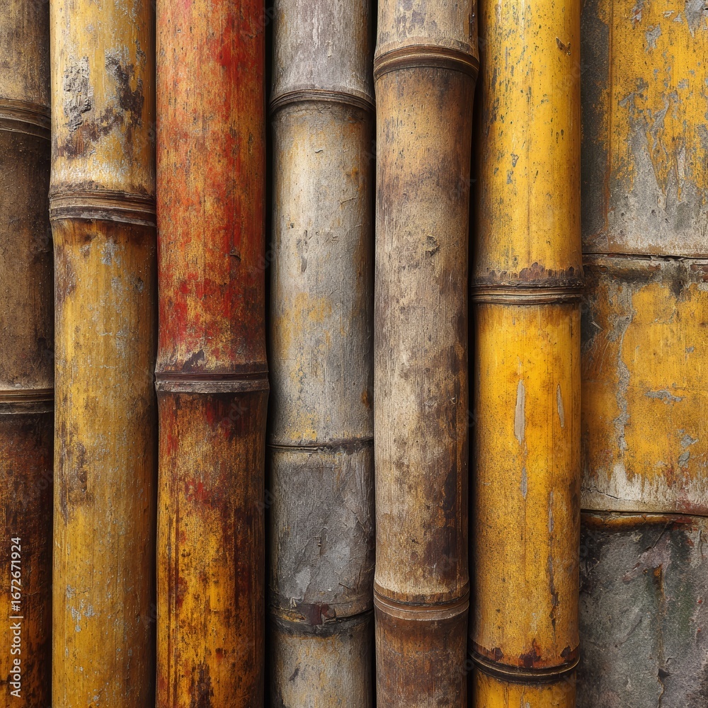 Bamboo poles in various colors, displaying a pattern of textures and natural beauty. Close-up shot. Bamboo poles in various colors, displaying a pattern of textures and natural beauty. Close-up shot.