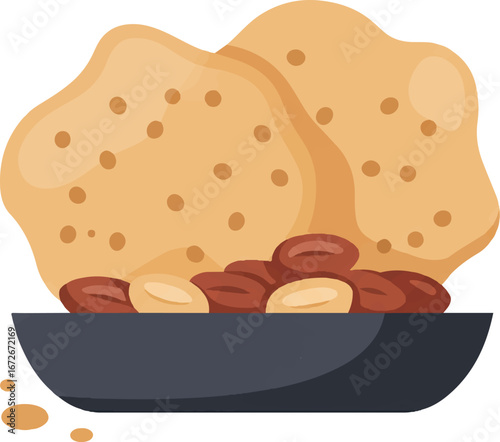 Black bowl with peanuts and poppadums, perfect for food blogs, restaurant menus, indian cuisine websites, snack packaging designs, and culinary posters.