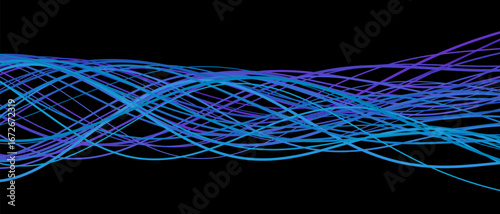 Abstract vector tech background with blue and purple wavy lines on black.