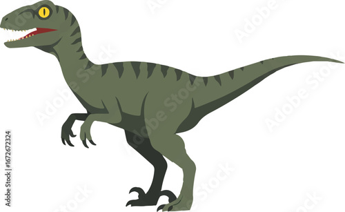 Green velociraptor dinosaur with black stripes in cartoon style. Perfect for childrens books, educational materials, or dinosaurthemed designs.