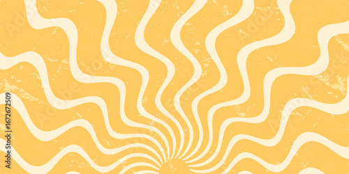 Groovy retro sun burst orange background with wavy yellow burst form. sun and sunshine motif combine with y2k grunge graphic style, set in a bold horizontal format for vibrant abstract wallpaper.