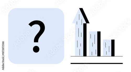 Question mark inside a square alongside a three-bar growth chart with an upward arrow. Ideal for problem solving, business growth, strategy, analysis, innovation, success, and simple landing page