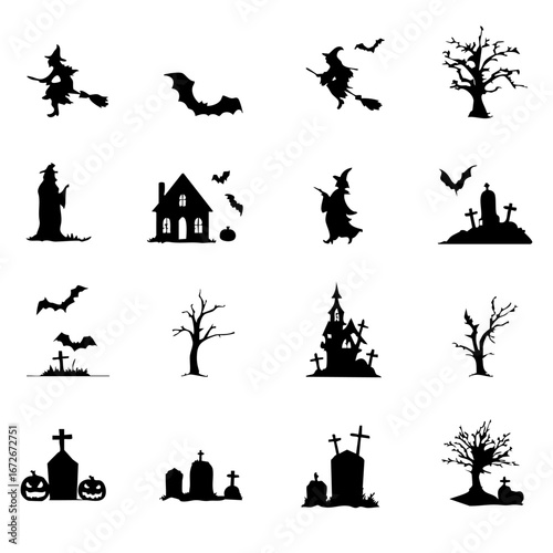 Halloween silhouette set with witch, bats, haunted house, graveyard and spooky tree