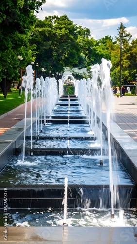 A cascading fountain system, in a park setting, features numerous water jets cascading down tiered stone basins, creating a serene and refreshing spectacle.