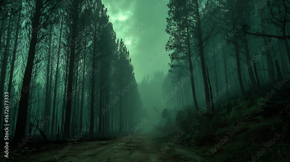 Naklejka premium Spooky dark forest landscape photography with fog and trees in green color, nature scenery background image