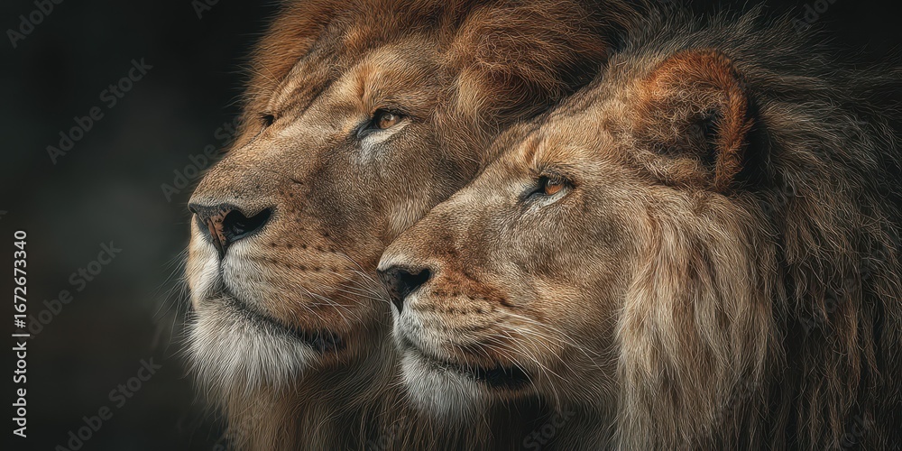 Fototapeta premium Two majestic lions gazing into the distance, showcasing their powerful presence in a natural habitat during twilight hours