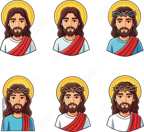 Jesus Christ vector icons set with halo and crown of thorns religious illustration for Christianity faith design