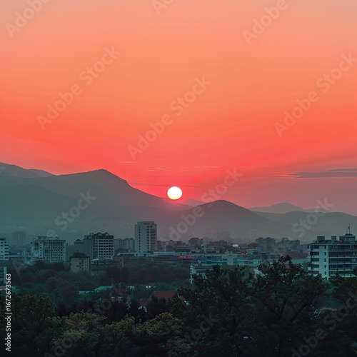 Cityscape sunset over mountains, urban panorama, tranquil evening, potential travel poster