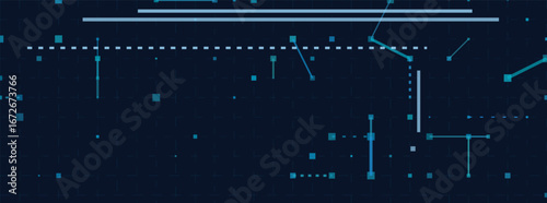 Futuristic digital interface with abstract circuit patterns and blue geometric shapes.