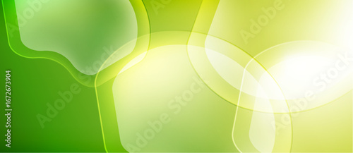 Abstract background features overlapping translucent shapes. Green, yellow hues create soft glow, smooth gradients. Modern design element.