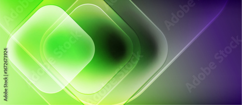 Abstract composition features layered squares, gradients. Bright green transitions to purple, creating dynamic visual effect. Smooth curves add depth.