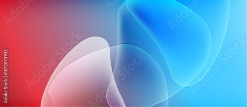 Abstract fluid shapes blend red, blue, purple hues. Soft gradients create dynamic visual experience. Minimalist design evokes calm energy.