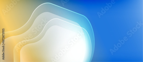 Abstract background features flowing layers. Gold transitions to white, then blue. Smooth gradients create soft visual effect.