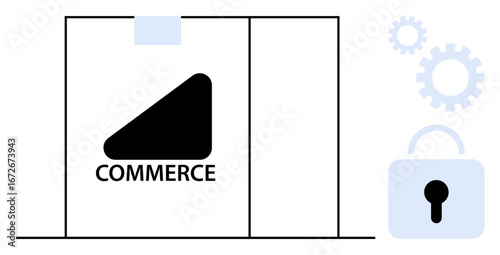 Box labeled Commerce representing e-commerce, gears symbolizing process optimization, and padlock denoting security. Ideal for online business, innovation, security, logistics, automation, data