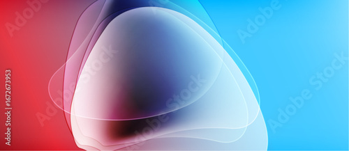 Abstract fluid shapes blend red, blue hues. Soft gradients create dynamic visual effect. Minimalist design, smooth transitions present.