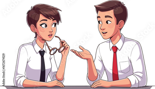Young man and woman having discussion in office setting with formal attire vector illustration