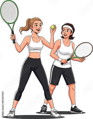 Two women playing tennis in sporty outfits holding rackets and ball on white background vector illustration