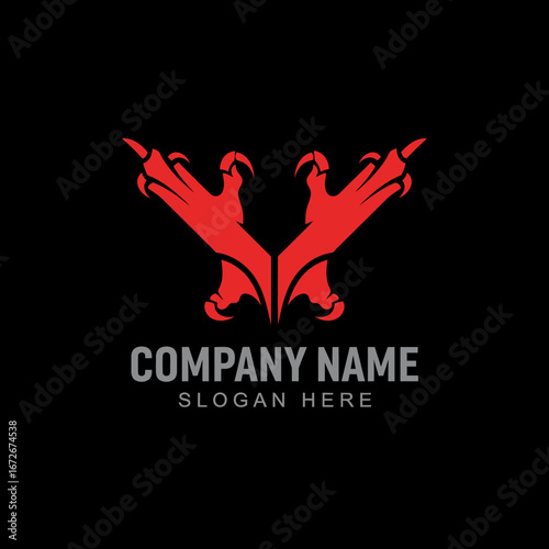 A stylized red claw logo design with a company name and slogan on a black background.