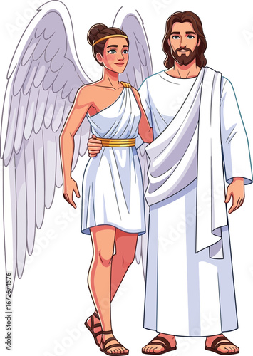 Angel and Jesus standing together in white robes with wings and sandals biblical characters spiritual scene vector illustration