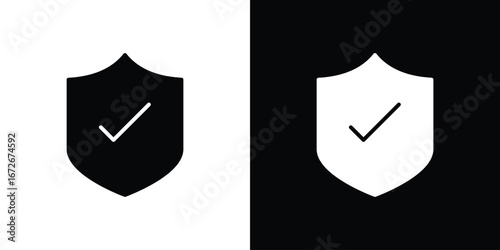Shield check icons in black and white clipart style