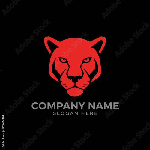 Red jaguar head logo design, company branding, black background.