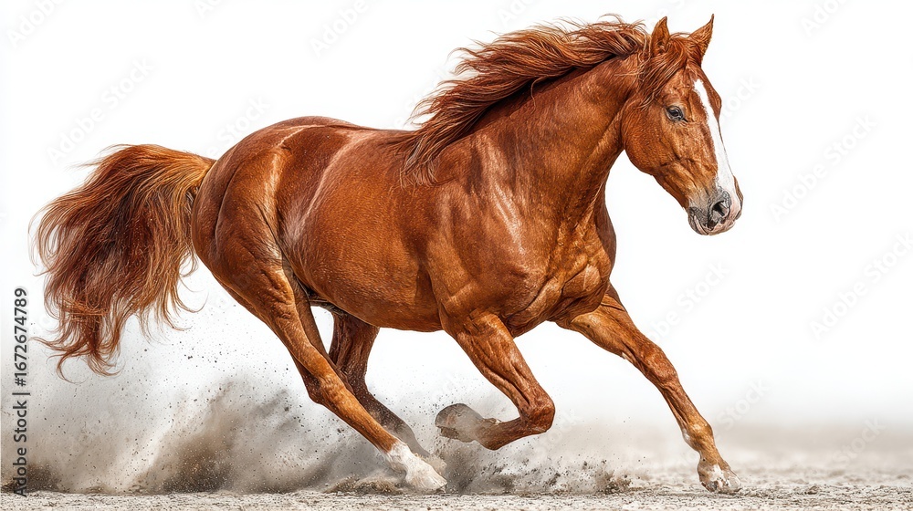 Naklejka premium Majestic chestnut horse running gracefully across sandy terrain in bright daylight