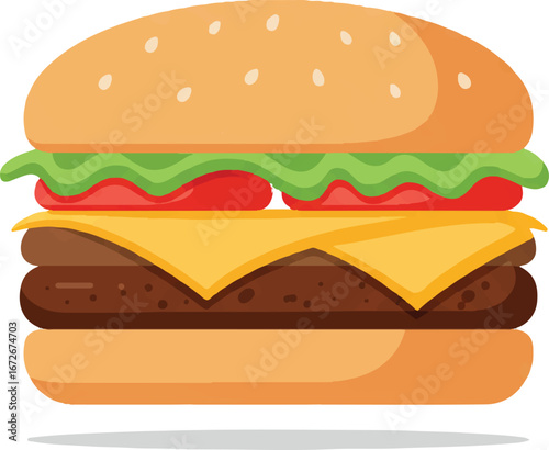 Juicy cartoon double cheeseburger with tomatoes and lettuce, perfect for food illustrations, restaurant menus, and fast food promotions.