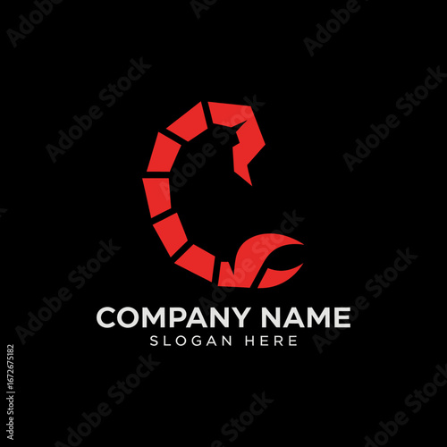 Red stylized scorpion logo design for a company.