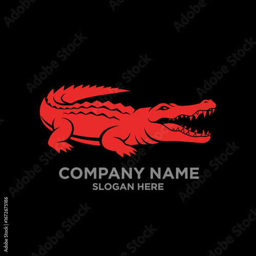 Red crocodile logo design on black background, fierce, powerful, company branding.