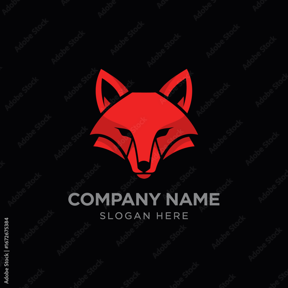 Fototapeta premium A stylized red fox head logo design with sharp angles against a black background, ready for brand use.