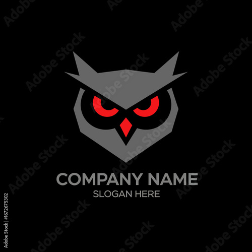 Geometric owl logo design with red eyes,  company name and slogan placeholder.