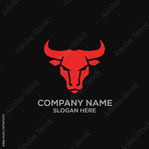 Red bull head logo design with geometric shapes, presented against a dark background. Company name and slogan text below the image.