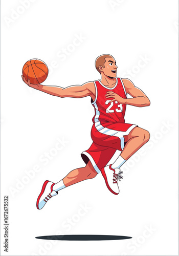 Basketball player jumping dunking ball in red jersey number twenty three dynamic action pose vector illustration