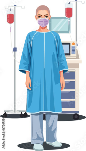 Patient undergoing dialysis treatment with medical equipment and intravenous fluid vector illustration