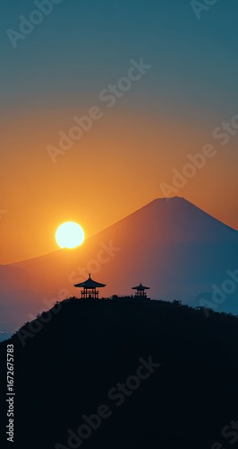 Mountain Sunset Temples Silhouette Japan, serene sunrise over Fuji, peaceful morning scene, travel backdrop