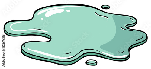 Turquoise slime puddle blob spilled on white background with highlights and small splatters