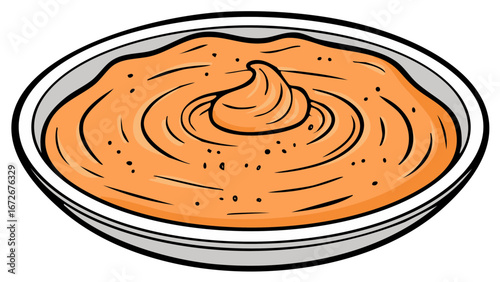 Orange sauce in bowl cartoon illustration. Creamy dip, swirl with spice dots.