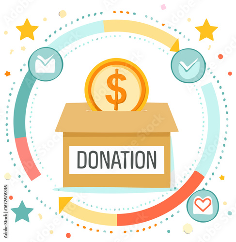 Cartoon illustration of a donation box with a gold coin and check marks symbolizing giving