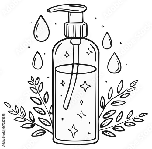 Hand Sanitizer Bottle Outlined with Botanical Elements, Water Droplets and Sparkling Stars