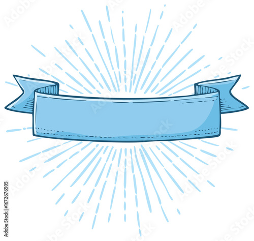 Hand-drawn blue ribbon banner with sunburst background, vintage cartoon style for message decoration or promotion element.